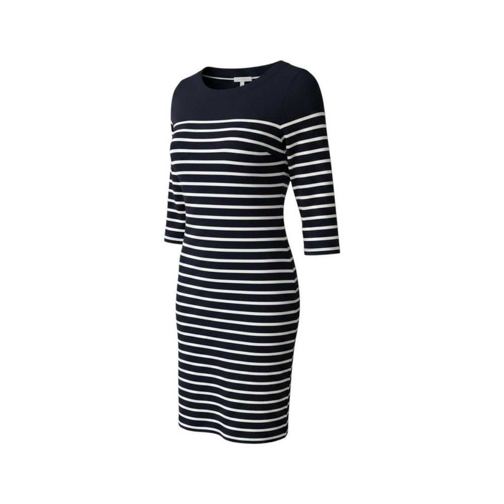 LL Bean Heritage Mariner Dress Navy White Stripe 3/4 Sleeve Cotton 521730 M Reg
